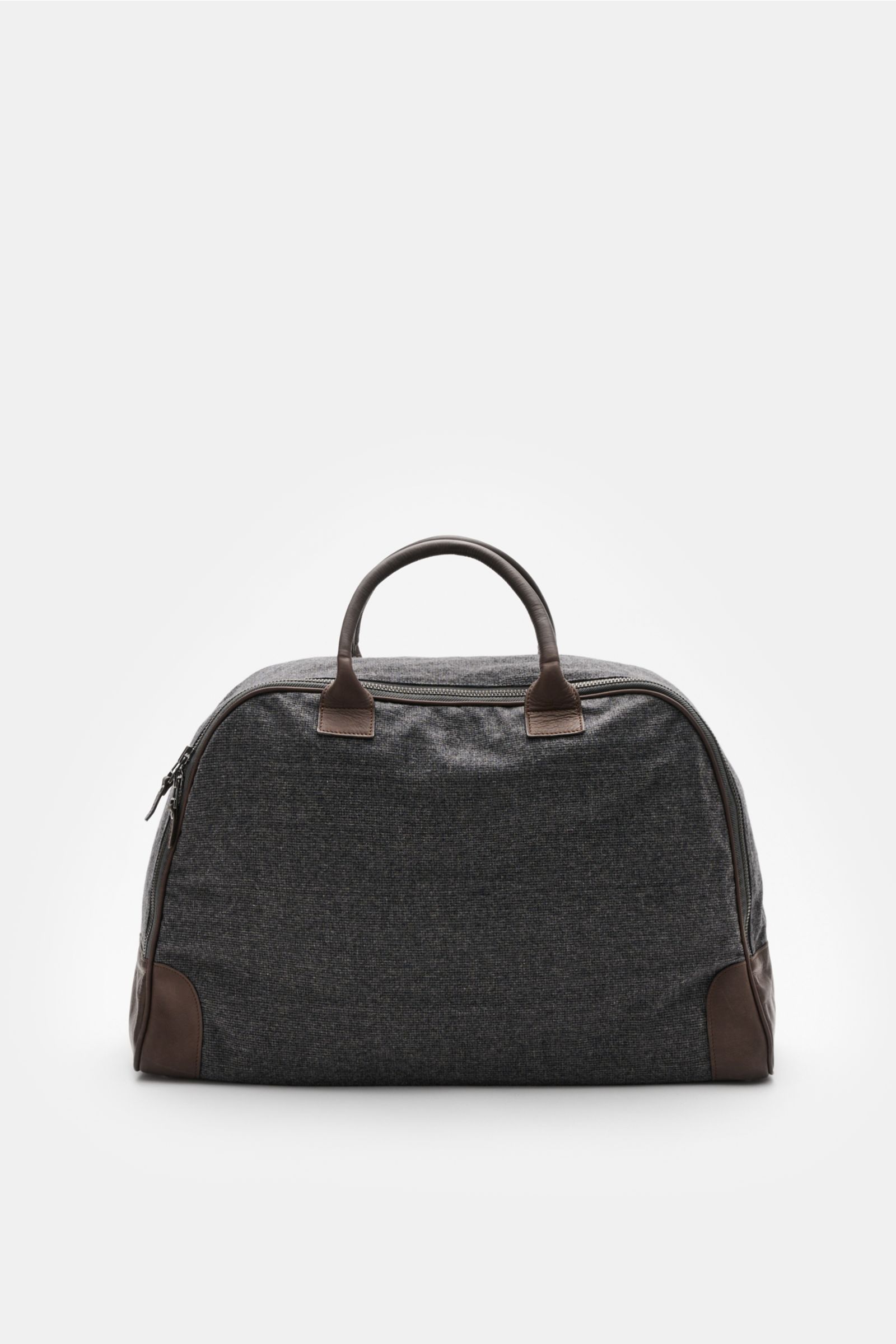 04651/ A trip in a bag Weekender '356-Bag Tweed' dunkelgrau/dunkelbraun kariert, Frontansicht, Textil und Leder, robuste Tragegriffe, kofferartige Öffnung, Maße ca. 56x35x20 cm.