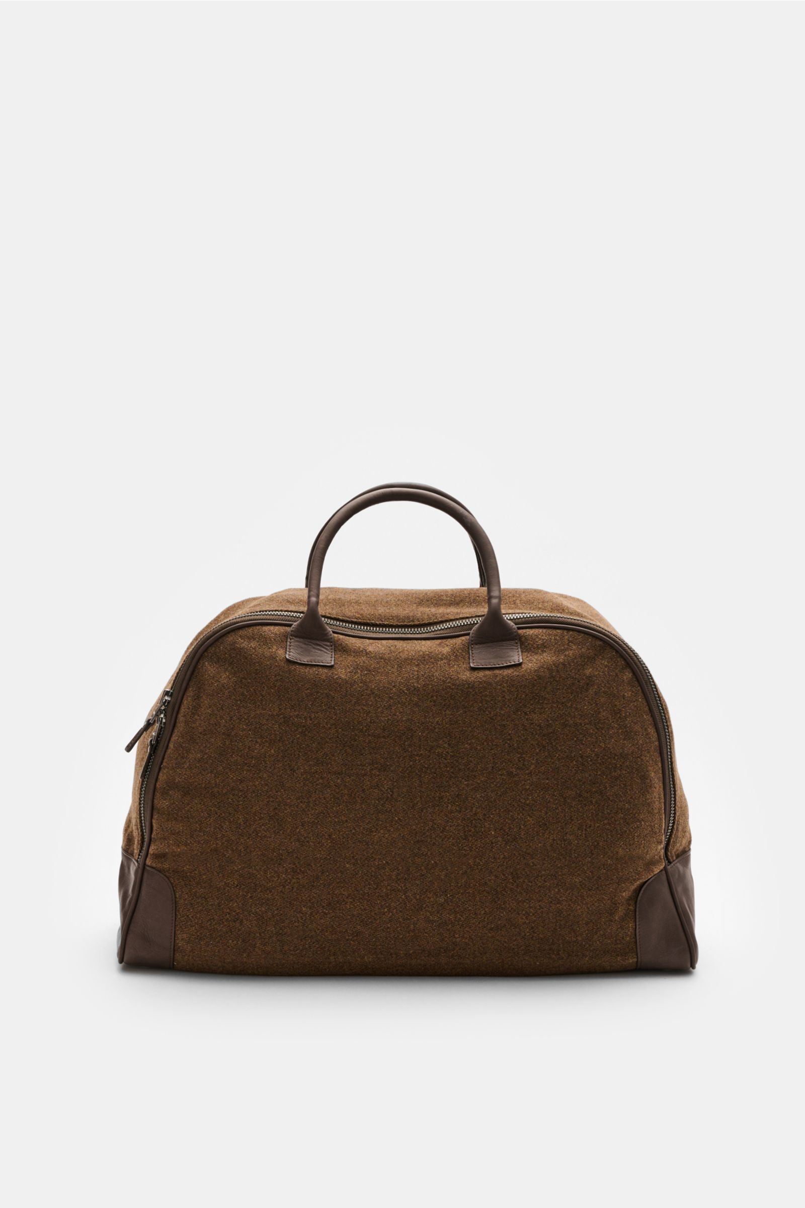 Front view of the 04651/ A trip in a bag Weekender '356-Bag Tweed' brown mottled, fabric and leather, robust handles, spacious design.