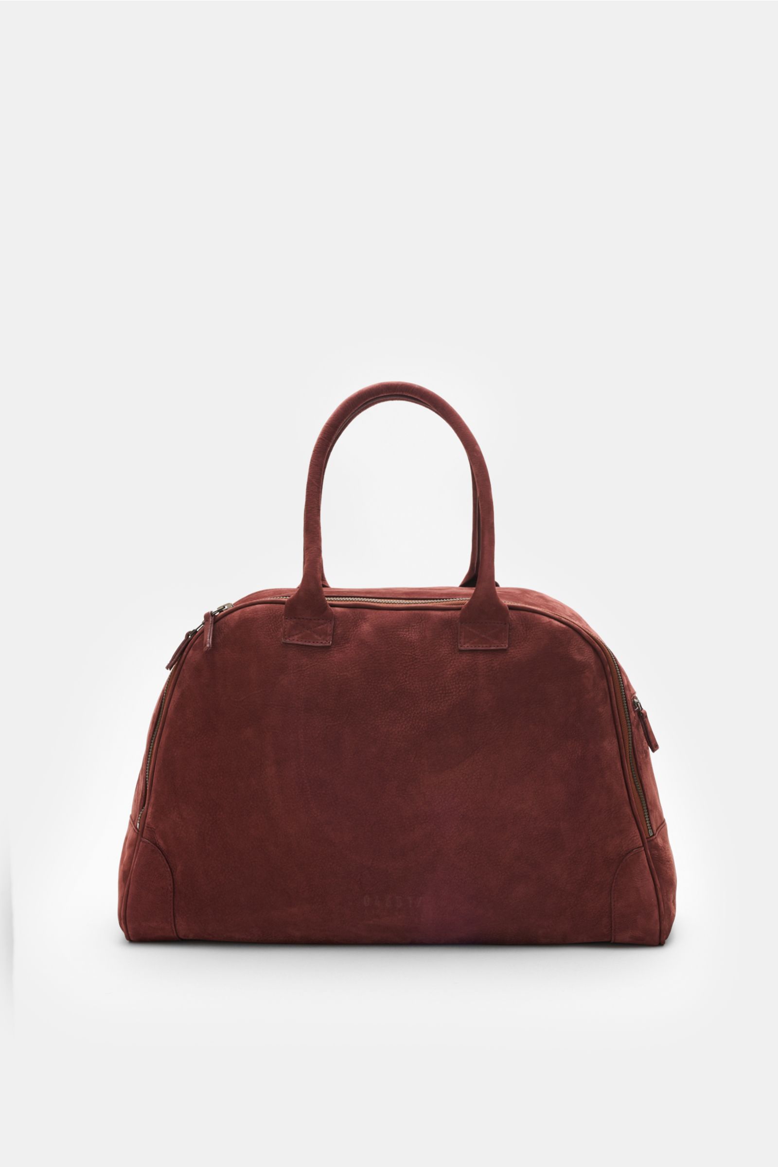 Front view of the 04651/ A trip in a bag Weekender '356 Bag' rotbraun made of soft velour leather with robust handles and silver hardware, ideal for hand luggage with spacious main compartment, inner zipper pocket, small address pocket with zipper, two-wa