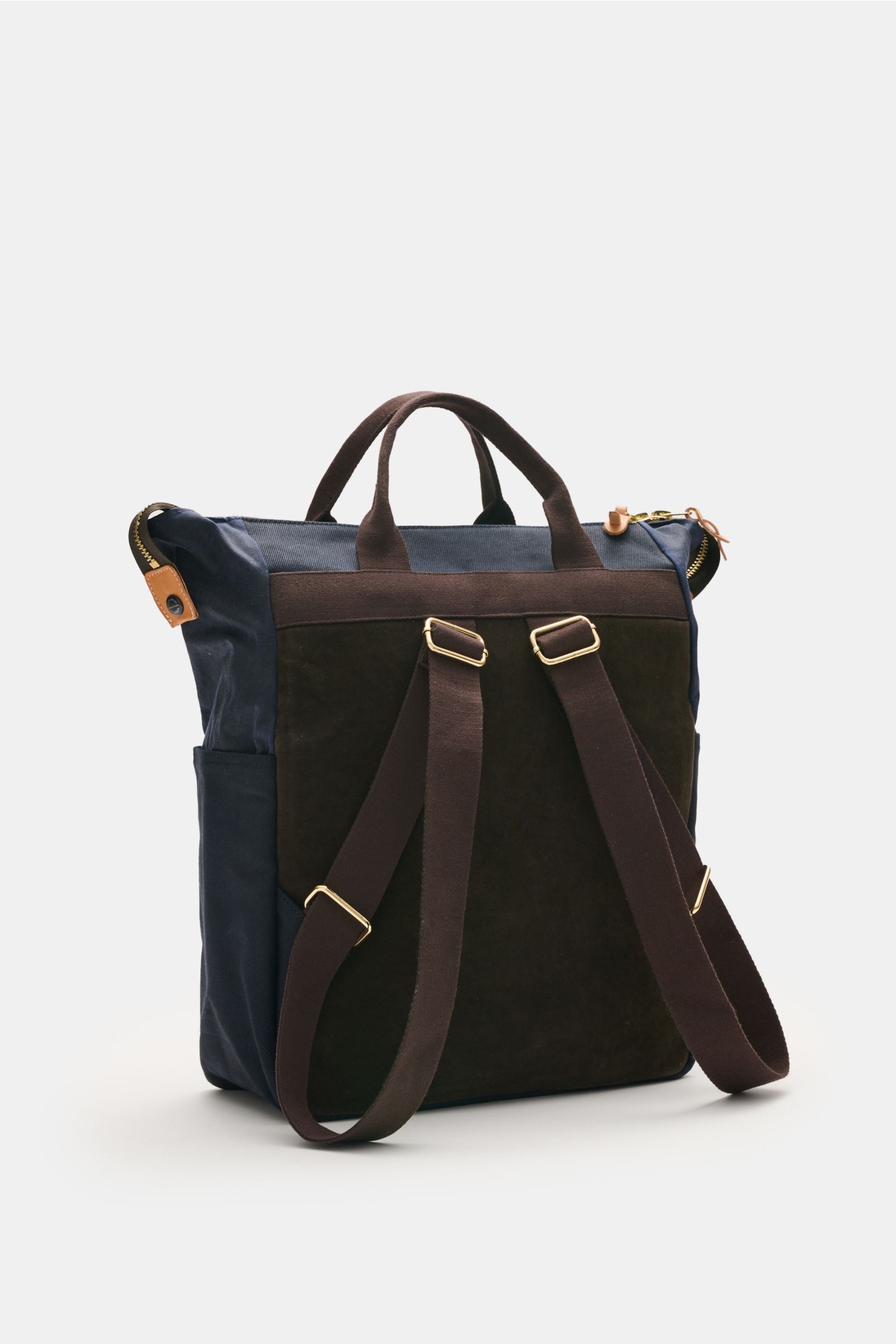 Manifattura Ceccarelli Rucksack 'Laptop' navy, Rückansicht mit verstellbaren Schulterriemen, robusten Tragegriffen, goldfarbener Hardware, Baumwolle, Außenfach mit Reißverschluss, Logo-Patch, Laptopfach, herausnehmbarem Zipper-Innenfach, Maße ca. 47x45x14