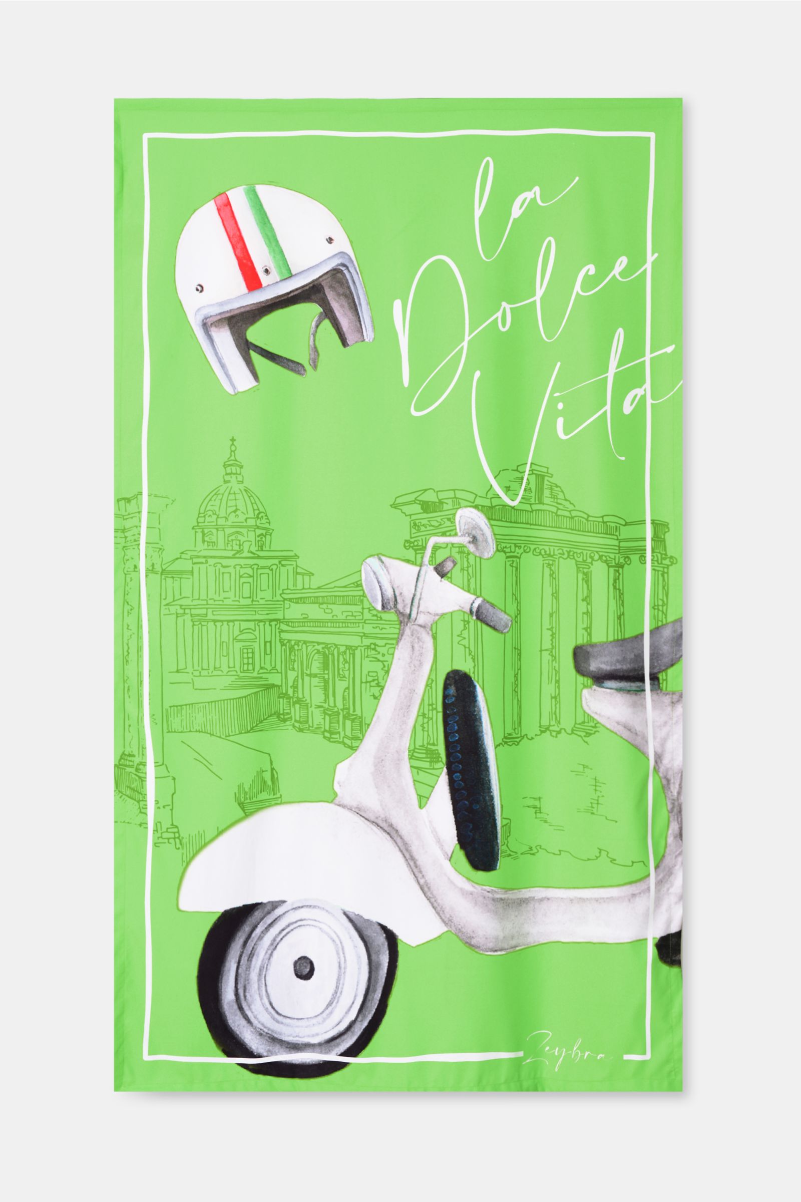 Zeybra Portofino 1962 Strandtuch neongrün gemustert mit Scooter- und Helm-Print, feine Microfaser, glatter Griff, frontal fotografiert.