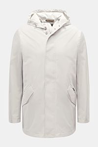 Front view of the Moorer Short coat 'Tiglio' light grey, featuring waterproof fabric, taped seams, hood, flap pockets, two-way zip, and slim fit. Premium outerwear for challenging conditions with smooth lining and two inside pockets.