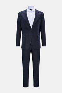 Tagliatore Leinenanzug 'Vesuvio' navy, halb gefüttert, Slim Fit, tailliertes Sakko mit zwei Knöpfen, Spitzenrevers, Hose mit französischen Taschen, frontal fotografiert.