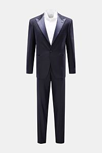 Front view of Tagliatore Tuxedo navy in pure Super 110'S virgin wool with satin lapel, slim fit jacket, and tapered trousers, styled with white shirt.