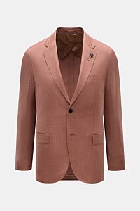 Lardini Sakko braun meliert, Slim Fit, Zwei-Knopf-Stil mit Spitzrevers und Blüten-Anstecker, frontal und leicht geöffnet fotografiert.