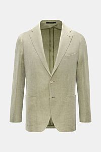 Front view of Tagliatore Smart-casual jacket 'Monte Carlo' olive mottled with slim fit, two-button style, step lapel, patch pockets, and herringbone linen-cotton blend. 

