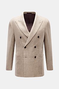 Caruso Sakko 'Aida' beige meliert, frontal fotografiert, zweireihig mit steigendem Spitzrevers, Hanf-Woll-Mix, Slim Fit, Brust- und Hüfttaschen.