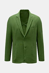 Percival Sakko 'Tailored Linen' grün, frontal fotografiert, Slim Fit, Mix aus Leinen-Baumwolle, fallendes Revers, Brust- und aufgesetzte Hüfttaschen, Ärmel mit Knöpfen, Seitenschlitze, halb gefüttert, zwei Innentaschen, leicht griffige Qualität.