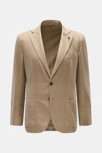 Santaniello Sakko taupe, frontale Ansicht, Slim Fit, taillierter Zwei-Knopf-Stil, Baumwolle-Leinen-Mix, fallendes Revers mit Label-Pin, Brust- und Hüfttaschen, Unconstructed Design.