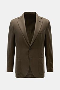 Santaniello Sakko dunkelbraun, frontale Nahaufnahme, Slim Fit, Baumwolle-Leinen-Mohair-Mix, tailliert, zwei Knöpfe, Revers mit Label-Pin, Brust- und Hüfttaschen.