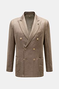 Front view of the Santaniello Sakko graubraun meliert, a classic slim fit double-breasted blazer in a wool and linen mix with soft texture, peak lapels, chest pocket, patch hip pockets, kissing buttons, back side vents, unconstructed design, and three inn