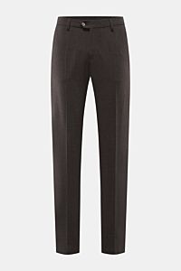 Front view of Marco Pescarolo Wollhose 'Evo' graubraun meliert, made of elastic wool with a soft touch, lightweight, regular fit, very slim taper, partial elastic waistband, zipper and button closure, French pockets, and back pockets with button. Exquisit