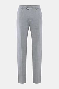 Front view of Marco Pescarolo Wollhose 'Evo' grau meliert, slim-fit elastic wool trousers with partial elastic waistband, zipper, buttons, and pockets. Exquisite Fertigung und Materialqualität sind kennzeichnend für die Produkte von MARCO PESCAROLO: So wi