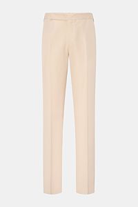 Front view of Lardini Hose sand, elegant lightweight viscose-silk blend trousers with visible fabric texture, regular fit, straight cut, zipper, hook closure, French pockets, small watch pocket, and buttoned welt back pockets, open length. Edler Zwirn vom