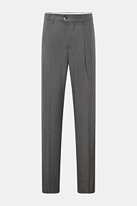 Front view of Brunello Cucinelli Wollhose dunkelgrau meliert, an iconic Italian luxury wool trouser with classic pleat, zipper, hook, French pockets, and slim regular fit.