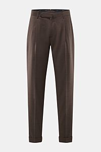 Santaniello Wollhose 'Camerota' braun meliert shown from the front on a plain background, featuring pure wool, soft touch, regular fit, zipper and waistband buttons, single pleat, French pockets, back pockets with buttoned flaps, and fixed hem cuffs. L