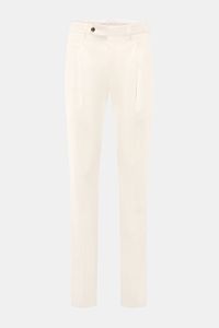 Front view of PT Torino Chinos 'Union Fit' cream, made from a fine cotton-silk twill blend with slight stretch, featuring a regular fit, tapered cut, zip and waist buttons, simple pleat, French pockets, small watch pocket, jetted back pockets with button,