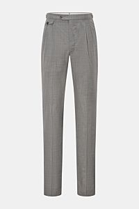 Front view of PT Torino Wool trousers 'Gentleman Fit' grey mottled, made of pure Super 130'S virgin wool with slim, tapered cut and double pleats. 

Description: For the exclusive trousers 'Gentleman Fit', PT TORINO has chosen virgin wool in lightweight S