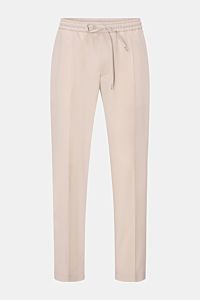 Front view of Briglia 1949 Wool jogger pants 'Wimbledon' sand in lightweight wool microfiber blend with elastic drawstring waist, tapered fit, zip fly, single pleat, French and hip pockets, ankle length, high waist, and soft feel. Italian style and maximu