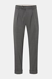 Front view of Berwich Wool trousers 'Chiaia' dark grey mottled, tapered fit with single pleat, side and hip pockets, and fixed hem turn-up.

Description: The wool trousers 'Chiaia' by BERWICH give expression to traditional Italian tailoring with a mode