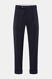 Front view of Berwich Wool trousers 'Chiaia' navy, pure virgin wool, tapered fit, ankle length with fixed hem turn-up, zip and waist buttons, single pleat, side and hip pockets, slightly elasticated fabric, smooth feel, regular thigh width, extended butto