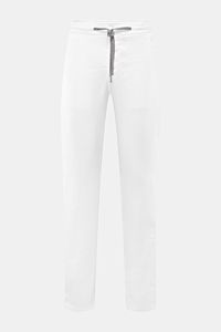 Marco Pescarolo Jogpants 'Caracciolo' weiß, frontale Ansicht, leichte Leinen-Mischung, elastischer Bund, schmal zulaufend, französische Taschen.