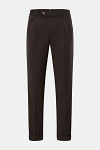 Windsor Wool trousers 'Sapo' dark brown shown front-facing, ankle-length tapered fit in pure wool with double pleat, French pockets, fixed hem.