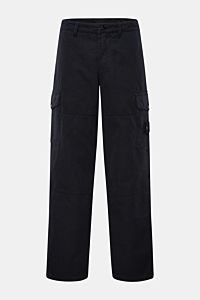 Stone Island Cargohose 'Ghost Piece' dark navy, frontale Sicht, Baumwolle-Leinen-Mix, Regular Fit, Cargotaschen, tonales Kompass-Badge.