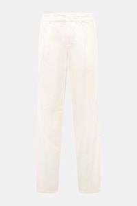 Front view of Emporio Armani Cotton trousers off-white, made of pure cotton with a smooth touch. These summer essential light cotton trousers feature a regular fit with a slightly tapered cut, zip and hook fastener, side seam pockets, and jetted back pock
