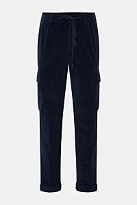Front view of 04651/ A trip in a bag Corduroy cargo pants navy, wide wale cotton corduroy with slight stretch, soft feel, tapered fit, regular thigh width, ankle length, zip and waist button, partially elasticated waistband with drawstring, French pockets