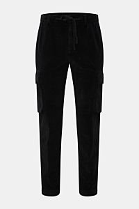 Front view of 04651/ A trip in a bag Corduroy cargo pants black, wide wale cotton corduroy with slight stretch, soft feel, tapered fit, regular thigh width, ankle length, zip and waist button, partially elasticated waistband with drawstring, French and hi