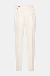 Brunello Cucinelli Hose offwhite, frontale Aufnahme, Regular Fit, Twill aus Baumwolle und Leinen, Bundhaken, Side Adjuster, doppelte Bundfalte.