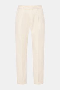 Santaniello Chinos 'Arsenio' cream shown front-facing, made of fine cotton twill with single pleat, ankle length, tapered fit, and jetted pockets.