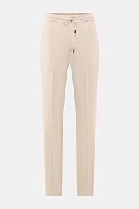 Front view of Incotex Jogger pants sand in a regular fit with slightly tapered cut, made of wool, silk, and linen blend, elasticated waistband with drawstring, zip and waist button, French pockets, back pockets with button, and open length.