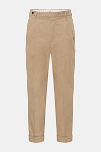 PT Torino Baumwollhose 'Carrot Fit' sand meliert, frontal, knöchellang, schmal zulaufend, Bundfalten, Knopfriegel, Uhrentasche, Saumaufschlag.