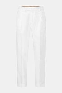 Front view of PT Torino Chinos 'Rebel Fit' white, tapered cotton chinos with single pleat, French pockets, back flap pockets, zip and hook fastener, and fixed hem turn-up. 

Description: You can’t go wrong with PT TORINO: These comfortably cut chinos m