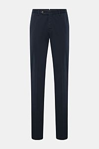 Front view of PT Torino Chinos 'Slim Fit' navy made from classic cotton twill with slight stretch, slim tapered fit, French pockets, zip and button closure.

Description: For these chinos, PT TORINO has chosen classic cotton twill in fine fabric enhanced 