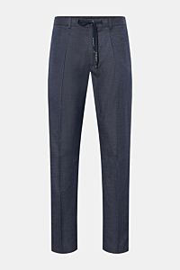 Circolo 1901 Jogpants 'Flamed Effect' navy meliert, frontale Ansicht, leichte Baumwoll-Leinen-Mischung, Tunnelzug mit Logo-Print, Regular Fit.