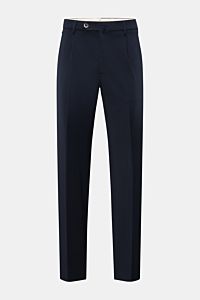 Front view of GTA Jersey trousers 'Federico' navy, showcasing elasticated waistband with button and zip, single pleat, French and jetted back pockets, regular fit, slightly tapered cut, made from soft jersey viscose and microfiber blend for casual office 