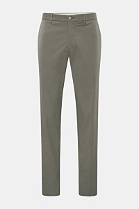 GTA Hose 'Davide' graugrün, frontale Nahaufnahme, leichte Baumwoll-Microfaser-Hose mit Tapered Fit, Reißverschluss, französischen Taschen und schmal zulaufenden Beinen.