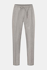 Front view of Briglia 1949 Jogger pants 'Wimbledon' grey mottled, casual tapered fit linen trousers with elastic drawstring waist, zip fly, single pleat, French and jetted back pockets. 

Add some Italian flair to your wardrobe with the casual jogger p