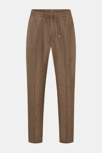 Front view of Briglia 1949 Jogger pants 'Wimbledon' brown mottled, casual linen joggers with elastic waistband and drawstring.

Add some Italian flair to your wardrobe with the casual jogger pants 'Wimbledon' from the label BRIGLIA 1949: A modern taper