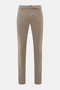 Dondup Hose 'Gaubert' taupe frontale Ansicht, Slim Fit, elastisch, Leinen-Lyocell-Mix, französische Taschen, Bundknopf, Metall-Initial, komfortabel.