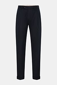 Front view of Berwich Chino 'Barber' navy, classic cotton twill with light stretch, double pleats, buttoned suspender tabs, regular fit, tapered legs, side and back welt pockets, fixed cuff.