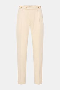 Berwich Chino 'Barber' creme, frontale Nahaufnahme, Baumwoll-Twill mit Stretch, Bundfalten, Knöpfe für Hosenträger, Regular Fit, Saumaufschlag.