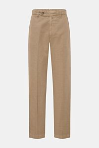 Berwich Chino 'Negroni' taupe, frontale Nahaufnahme, Baumwoll-Leinen-Twill, Regular Fit, französische Taschen, Reißverschluss, Bundknöpfe.