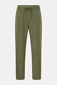 Altea Leinen-Jogpants 'Mattia' grün, frontale Nahaufnahme, lockere Passform, elastischer Bund, knöchellang, Tapered Fit, reine Leinenqualität.