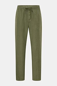 Altea Leinen-Jogpants 'Mattia' grün, knöchellang, Tapered Fit, elastischer Bund mit Tunnelzug, Eingriff mit Zipper, französische Taschen, weiches reines Leinen.