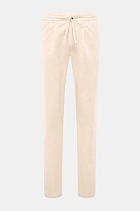 Front view of Aurélien Leinen-Jogpants creme meliert, made of pure linen with a regular fit, elastic waistband with drawstring, zipper and button, French pockets, narrow tapered legs, simple pleat, and piped back pocket, offering luxurious casual wear for