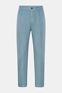 Front view of 04651/ A trip in a bag Linen jogger pants 'Linen Pants' smoky blue in pure linen, regular fit with tapered, short cut, zip and button closure, partially elasticated waistband with drawstring, French and jetted back pockets, and signature mat